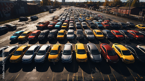 Aerial view new car lined up in the port for import and export business logistic to dealership for sale photo