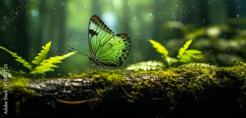 Olive-green butterfly with abstract designs, flitting through a misty rainforest, surrounded by the lush foliage and the soothing sounds of tropical rainfall. photo