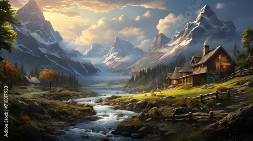  a painting of a mountain scene with a river running through it and a cabin in the foreground with a mountain range in the background.