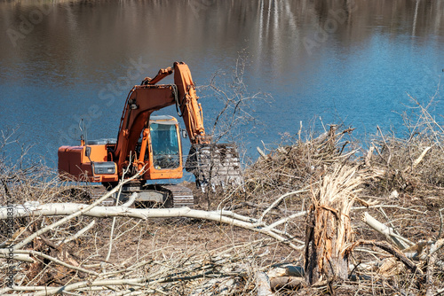 the excavator eliminates the effects of a hurricane near the river. There are a lot of fallen trees photo