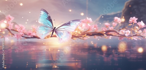 Peach-colored butterfly with holographic wings, soaring over a tranquil pond surrounded by cherry blossoms, creating a dreamlike and magical atmosphere.