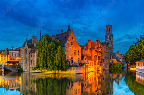 Bruges cityscape, Brugge old town scenic view, Bruges historical city centre, Rosary Quay Rozenhoedkaai embankment, Belfort Belfry tower, Dijver water canal, evening view, Flemish Region, Belgium
