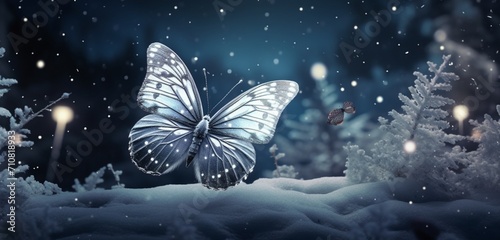 Pearl-gray butterfly with delicate patterns, fluttering around a field of snow-covered pine trees, creating a serene and magical winter wonderland. © Haani