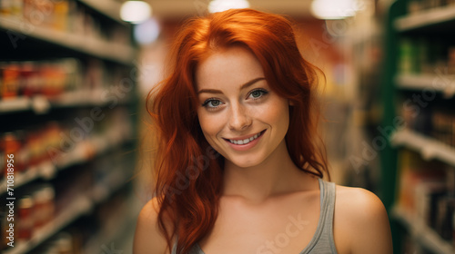 Beautiful woman in a store. Attractive red-haired woman. Purchases