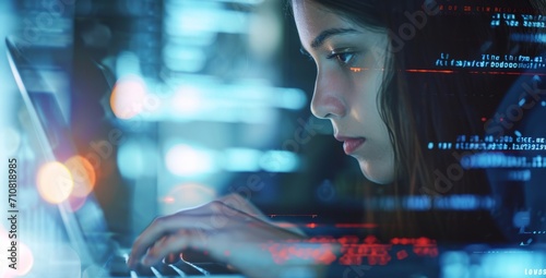 Tech Enthusiast Programming at Dusk. Enthusiastic techie programming on her laptop against evening city glow. © AI Visual Vault