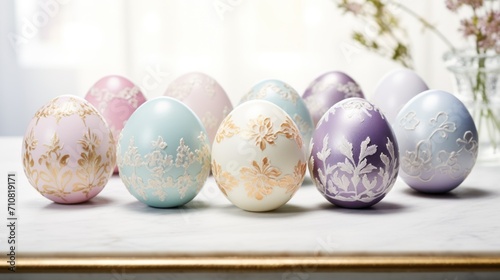  a group of painted eggs sitting on top of a table next to a vase filled with purple and white flowers.