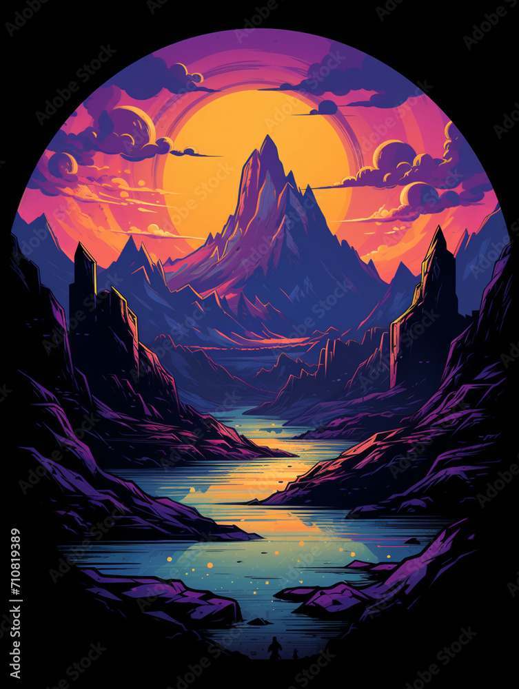 t-shirt design, color and mountain range artwork in the style of light orange and purple created with Generative Ai