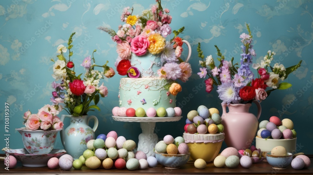  a table topped with a cake covered in frosting surrounded by easter eggs and vases filled with flowers and eggs.