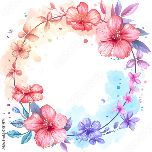 Floral wreath watercolor with pink cherry blossom flowers  leaves  bouquet  frame illustration