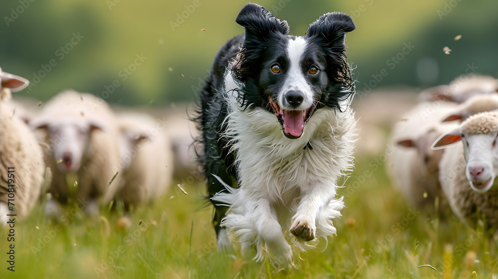 border collie puppy,  an energetic and agile border collie herding sheep, showcasing its intelligence and herding instincts