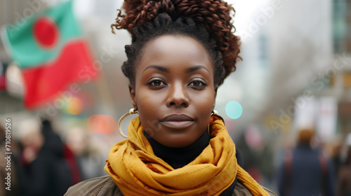 Portrait of a black woman at a street demonstration with a banner for human rights, Black History Month, and the concept of tolerance and non-racism.