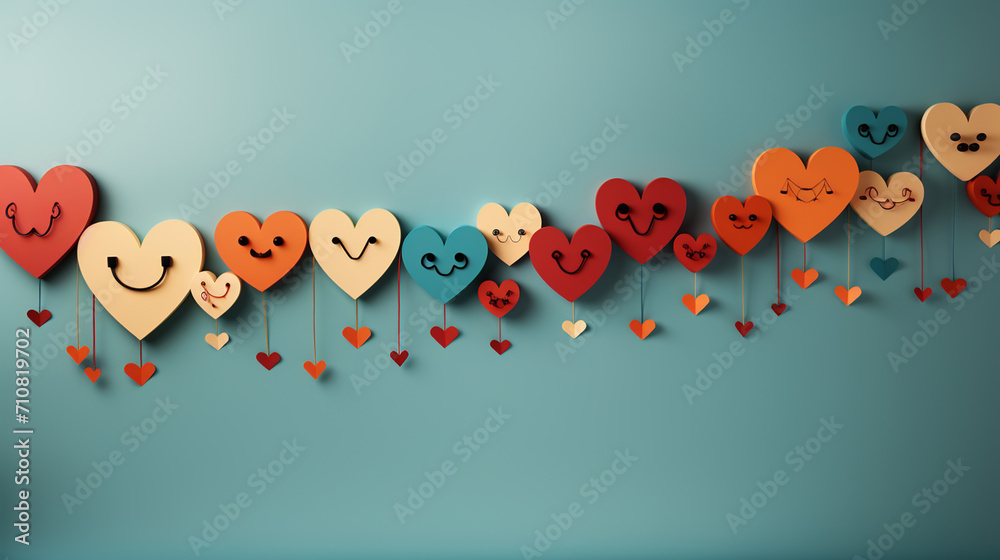Red hearts on rope with clothespins. Place for text, copy space.