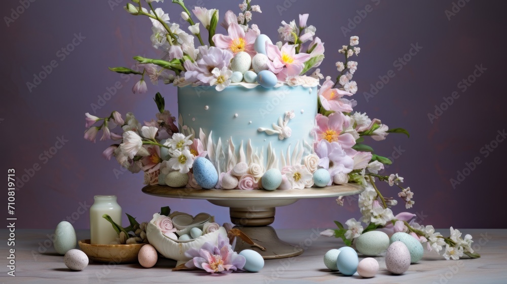  a blue cake sitting on top of a cake plate covered in flowers and pastel eggs next to a vase of flowers.