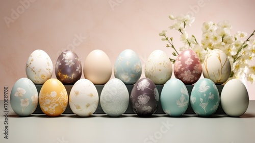  a row of painted eggs sitting on top of a table next to a vase with a white flower in it.
