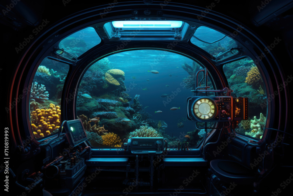 Underwater sea view from the porthole window