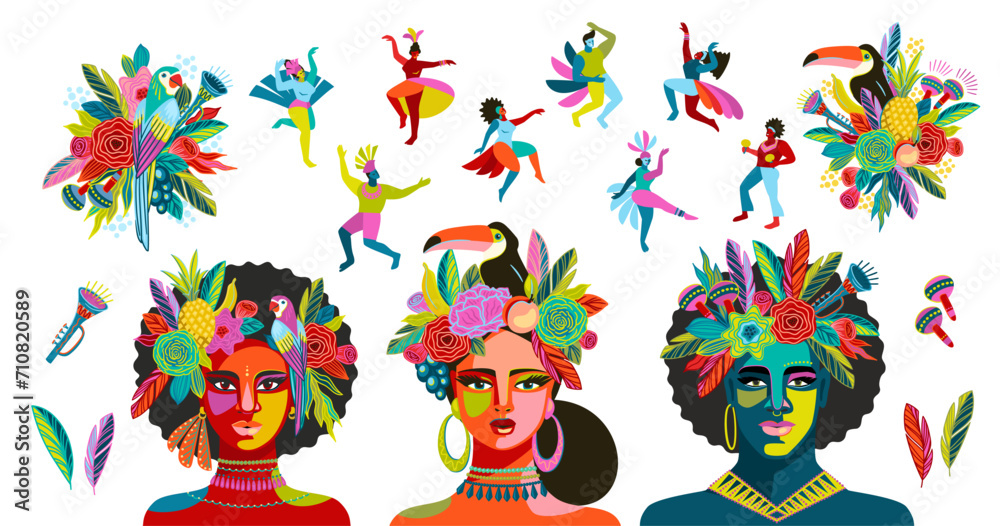 Set of abstract people illustrations. Brazil carnival. Vector isolated designs for carnival concept and other