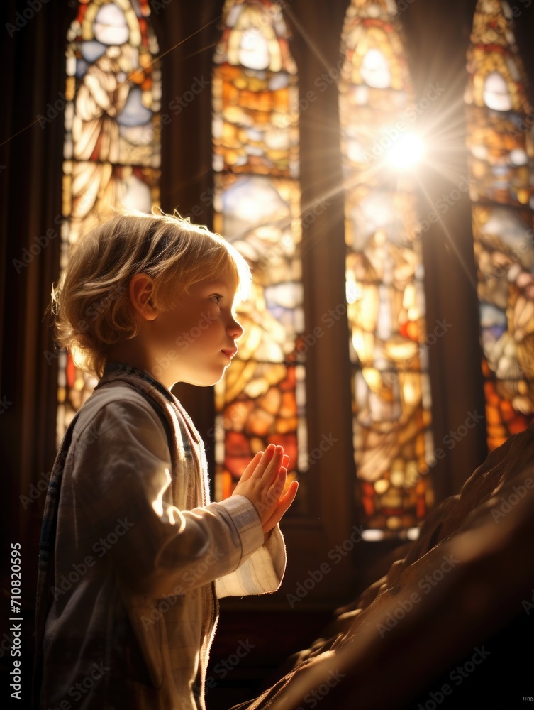 baby's first communion in church. a child prays near a stained glass window. faith Hope. kid folded his hands in prayer baby's first communion in church. a child prays near a stained glass window. faith Hope. kid folded his hands in prayer