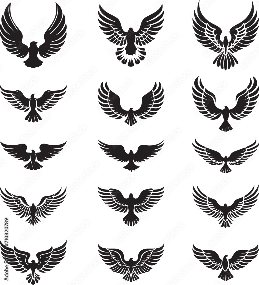 Simple vector set of bird and open wings silhouette icons and logo outline feather flying birds bundle cutouts