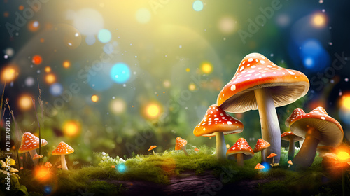 Wild giant mushrooms sprouting in the meadow on a blue tranquil summer day. Creative Banner. Copyspace image,Garden Gnomes' Secret Midnight Disco Party

