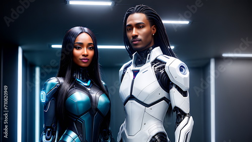 Dark-skinned girl robot with long hair in an exoskeleton with a robot man in a neon room