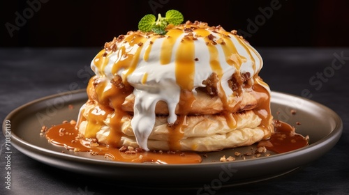  a close up of a plate of food with waffles covered in caramel sauce and a drizzle of whipped cream.