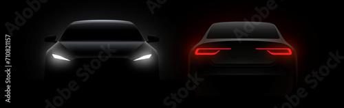 Front and back car silhouette with rear white lights on dark black background, wallpaper, banner template. Vector illustration