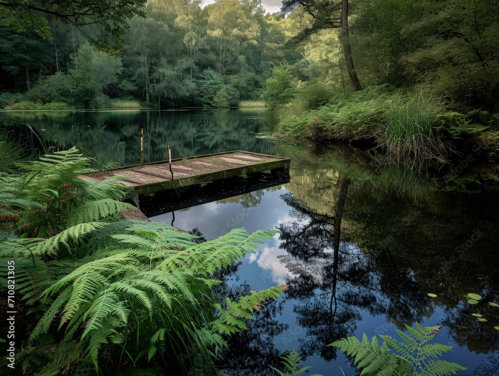 Beautiful lake in the forest with wooden pier and ferns Beautiful lake in the forest with wooden pier and ferns