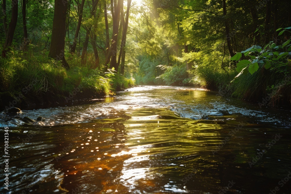 Beautiful summer landscape with river and sunbeams in green forest Beautiful summer landscape with river and sunbeams in green forest