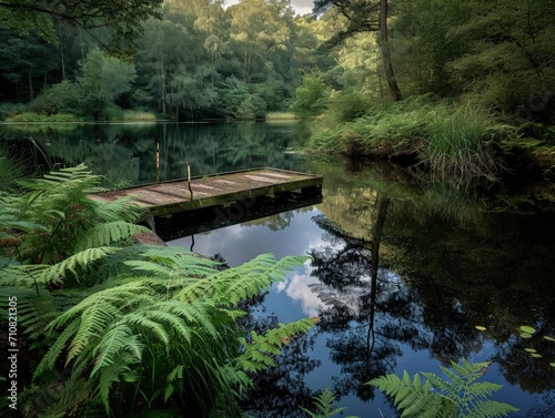 Beautiful lake in the forest with wooden pier and ferns