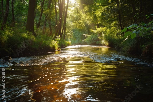 Beautiful summer landscape with river and sunbeams in green forest