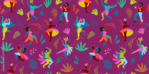Vector seamless pattern with abstract men and women in bright costumes. Brazil carnival. Design templates for carnival concept and other