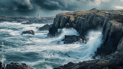 Beautiful seascape. Dramatic sky, stormy sea and rocks