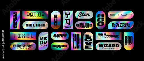 Iridescent holographic foil stickers. Colorful holo emblems, rectangle original and quality guaranteed labels. Textured foiled shape. Vector illustration