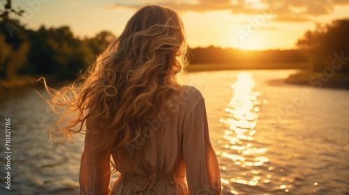  the back of a woman's head as she stands in front of a body of water as the sun sets.