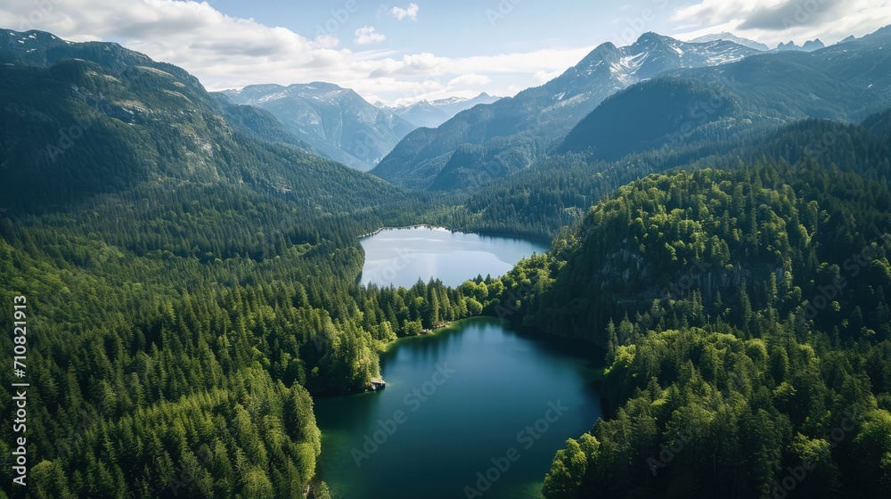 Aerial view of a mountain lake surrounded by forest and mountains in summer