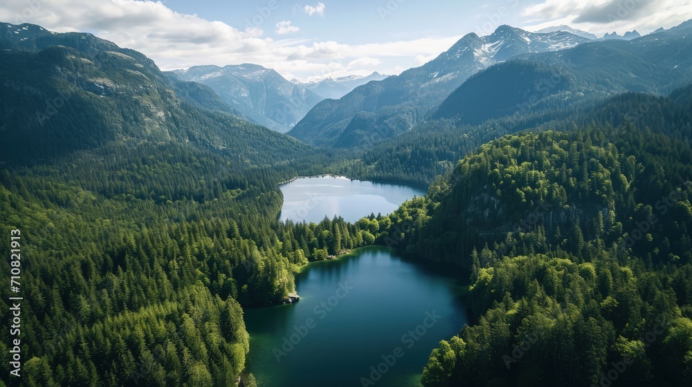 Aerial view of a mountain lake surrounded by forest and mountains in summer Aerial view of a mountain lake surrounded by forest and mountains in summer
