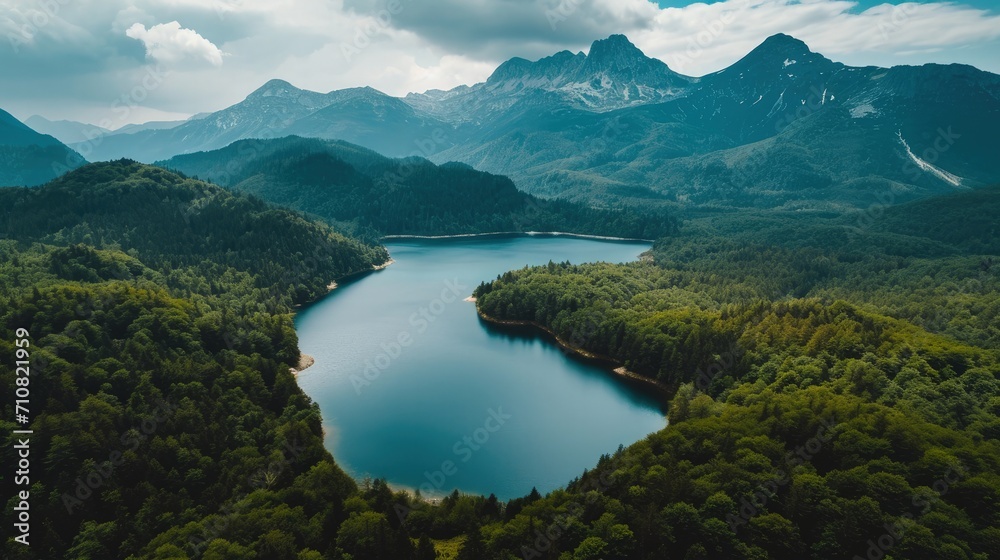 Aerial view of a mountain lake in the middle of the forest.