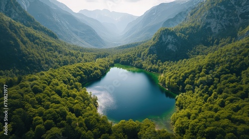 Aerial view of a beautiful mountain lake surrounded by green forest.