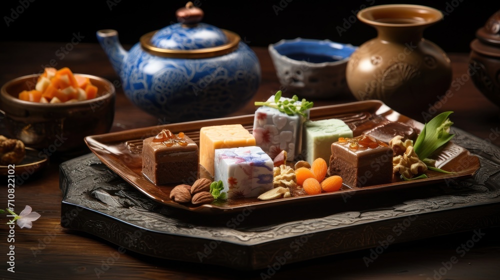  a tray of assorted desserts on a table with teapots and other dishes in the back ground.