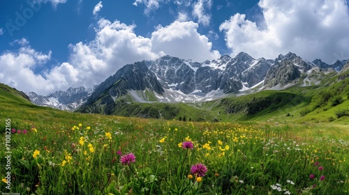 Panoramic view of alpine meadow with wildflowers and mountains on background