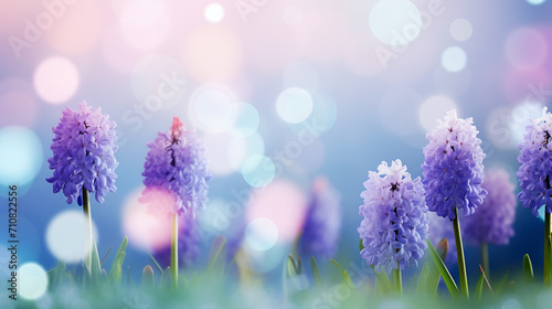 Large flower bed with multi-colored hyacinths, traditional easter flowers, flower background, easter spring background. photo