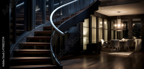 A dark wood spiral staircase with sleek iron arm railings, complemented by recessed lighting for a modern touch. photo