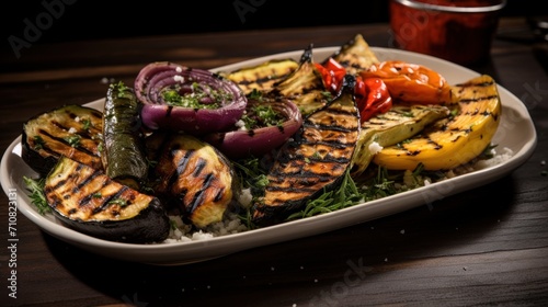  a plate of grilled vegetables sits on a table next to a cup of ketchup and a glass of red wine.