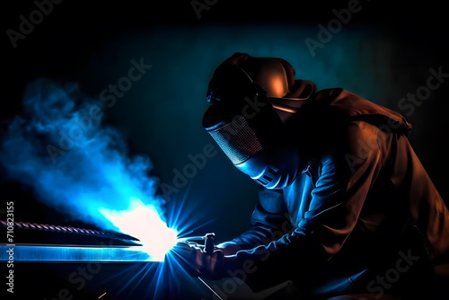 Workers wearing industrial uniforms and Welded Iron Mask at Steel welding plants, industrial safety first concept. Neural network AI generated art