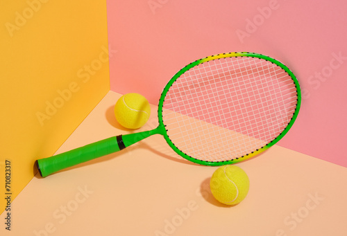 A tennis racket and two yellow balls. Sports and recreation. © Dima