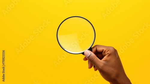  a hand holding a magnifying glass over a yellow background with a hand holding a magnifying glass.
