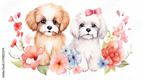 Dogs and carnations, Cartoon drawing, Water color style, AI Generated