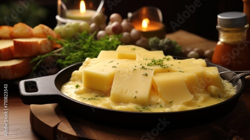  a pan filled with cheese sitting on top of a wooden cutting board next to bread and other food on a table.