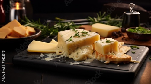  a black cutting board topped with lots of cheese and cheese gravy next to a bowl of green herbs.