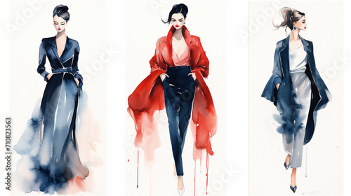 Elegant Watercolor Fashion Illustrations, Stylish and elegant fashion illustrations in watercolor, Great for fashion design portfolios, Boutique adverts or as chic decor, AI Generated photo